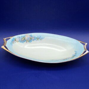Vintage Hutschenreuther Selb Bavaria Hand Painted 9" Blue Rim Floral Relish Dish